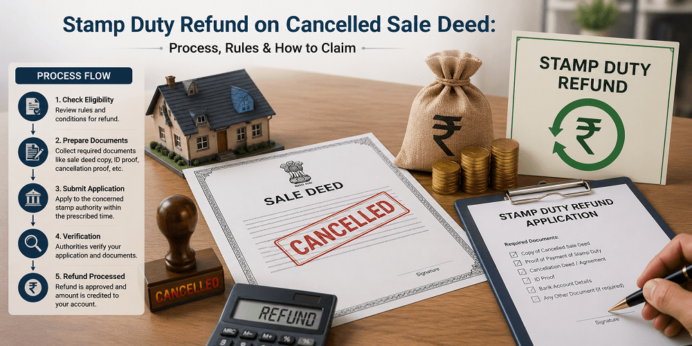 Stamp duty refund on cancelled sale deed with refund application, cancelled property document, and claim process concept .

